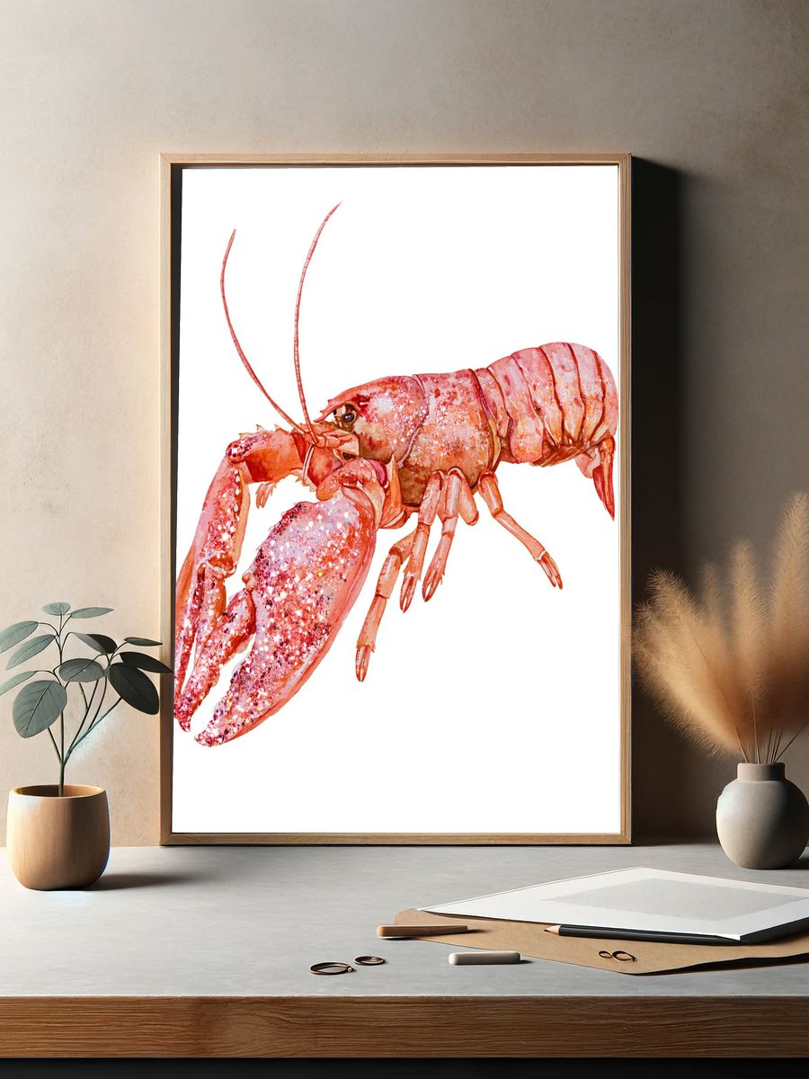 Pink Lobster Watercolor Print. — room view 2