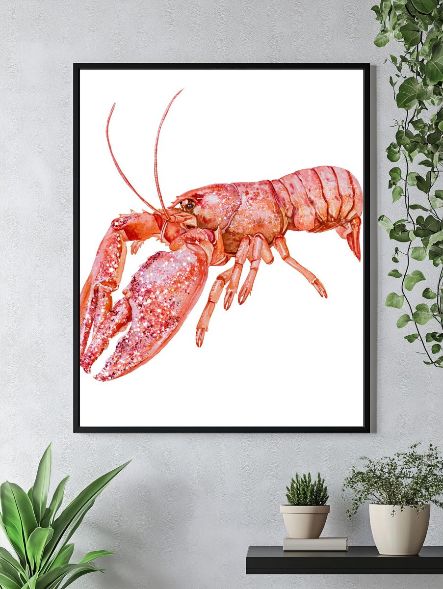 Pink Lobster Watercolor Print. — room view 4