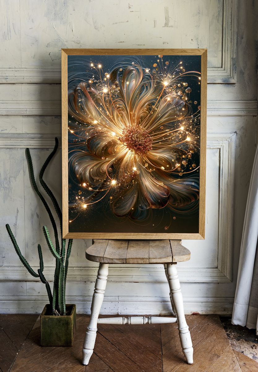 Golden Cosmic Flower Abstract Poster. room preview