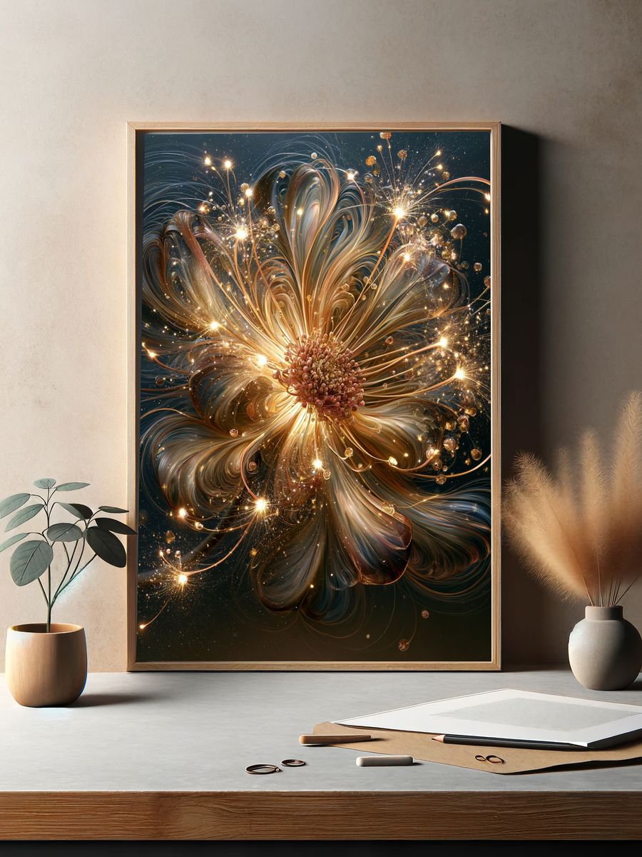 Golden Cosmic Flower Abstract Poster. — room view 2