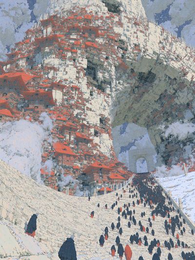 Mountain Temple Procession Illustration Poster. poster