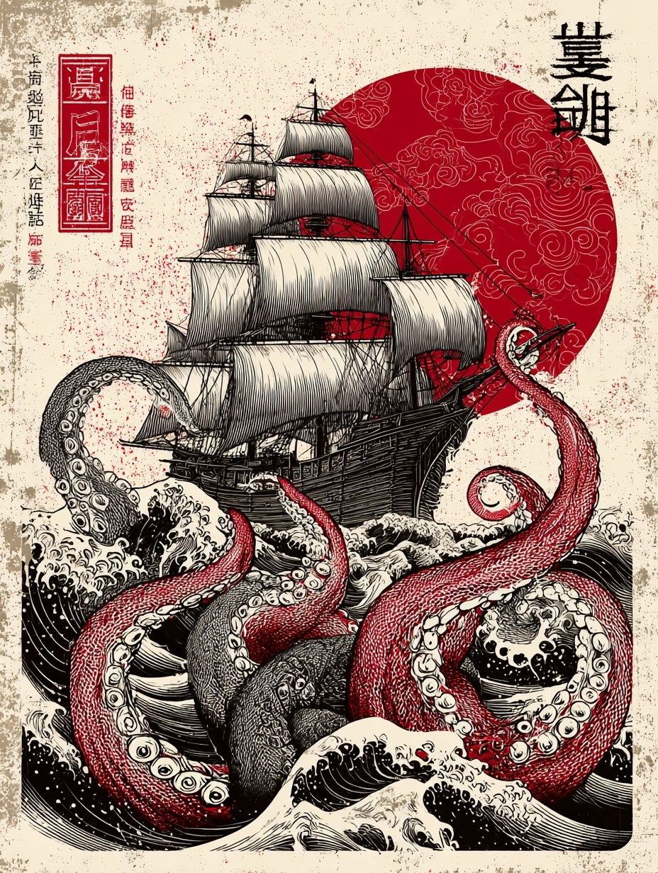Octopus Ship Japanese Print Poster. poster — illustration art