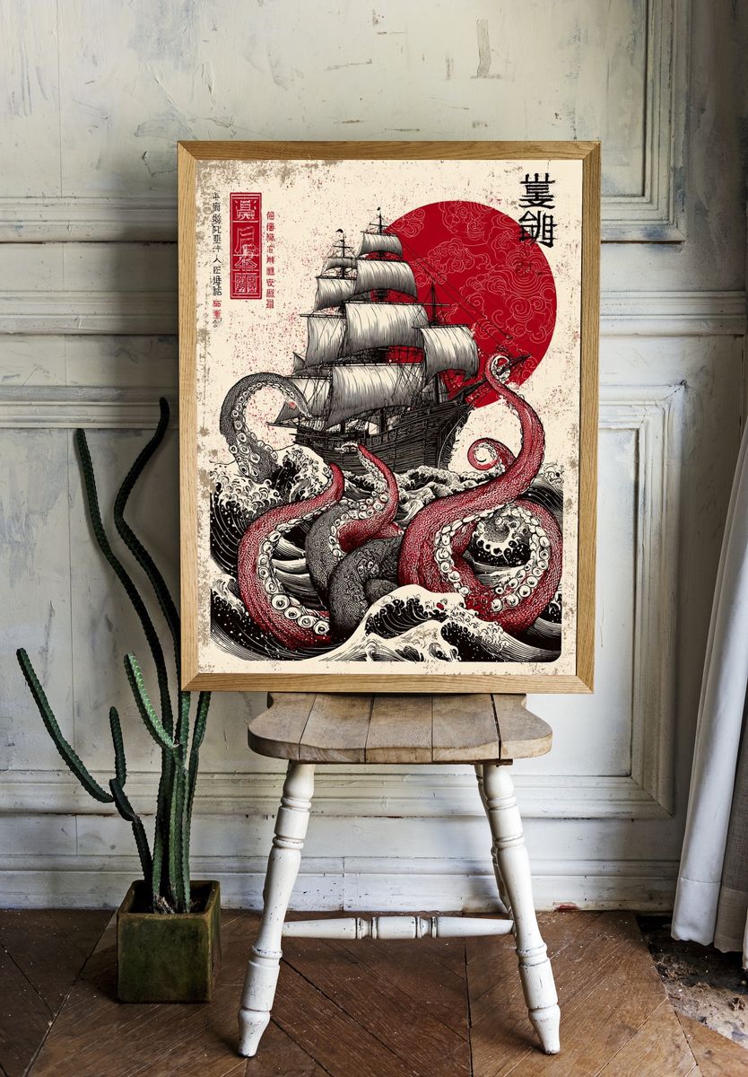 Octopus Ship Japanese Print Poster. room preview