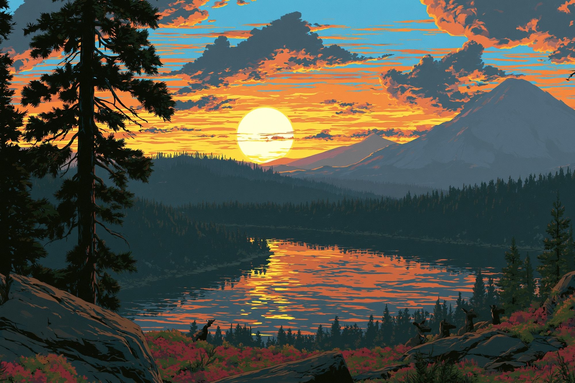 Sunset Mountain Lake Illustration Poster. poster detail
