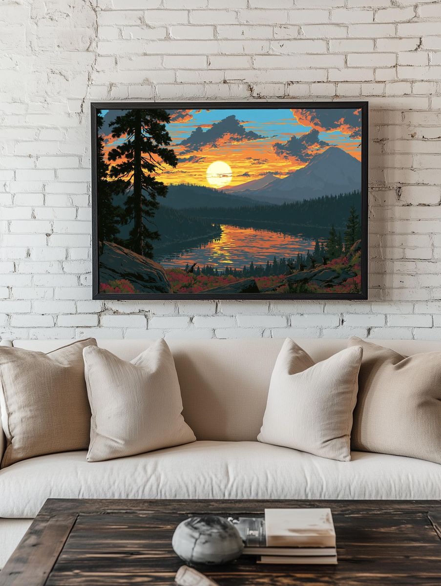 Sunset Mountain Lake Illustration Poster. room preview