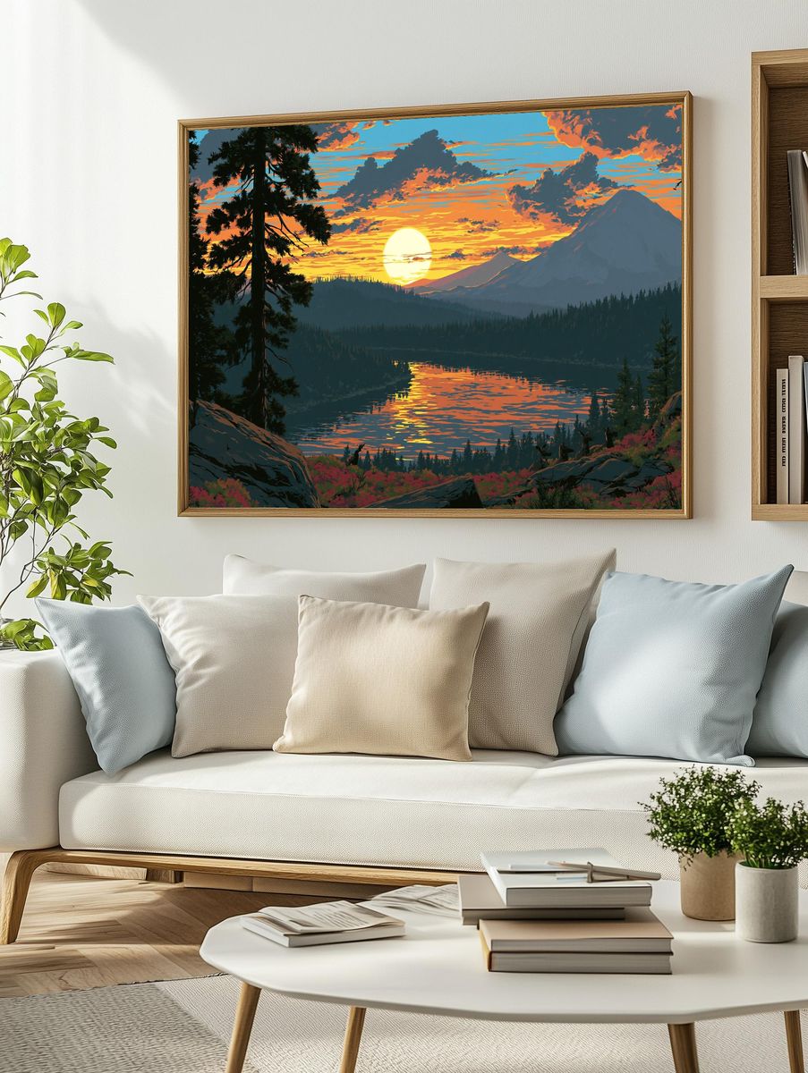 Sunset Mountain Lake Illustration Poster. — room view 2