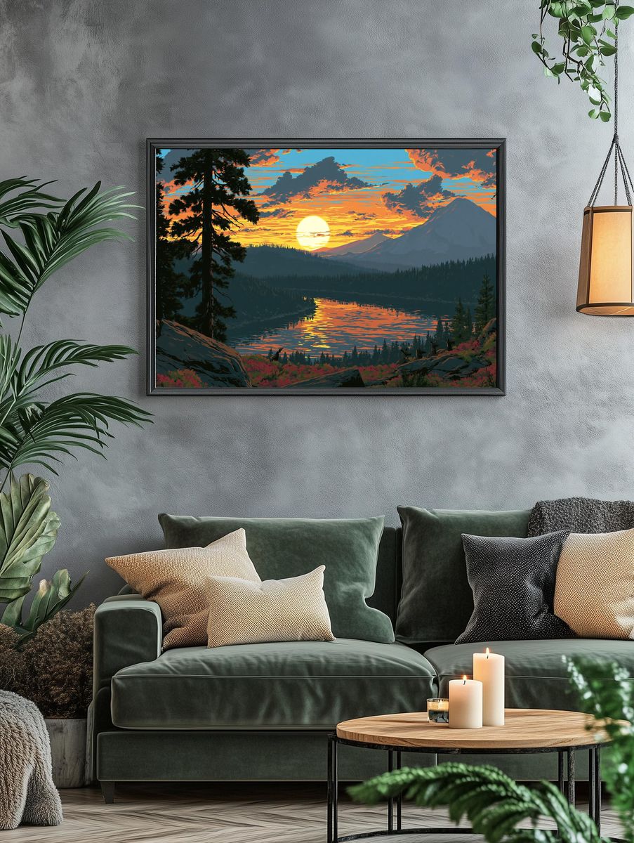 Sunset Mountain Lake Illustration Poster. — room view 4