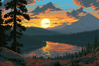 Sunset Mountain Lake Illustration Poster.