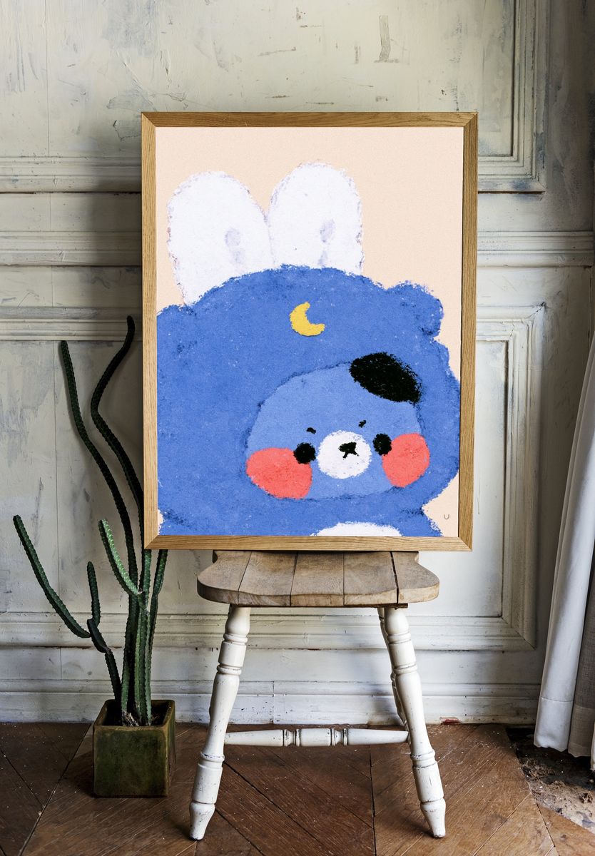 Blue Bunny Face Illustration Print. — room view 1