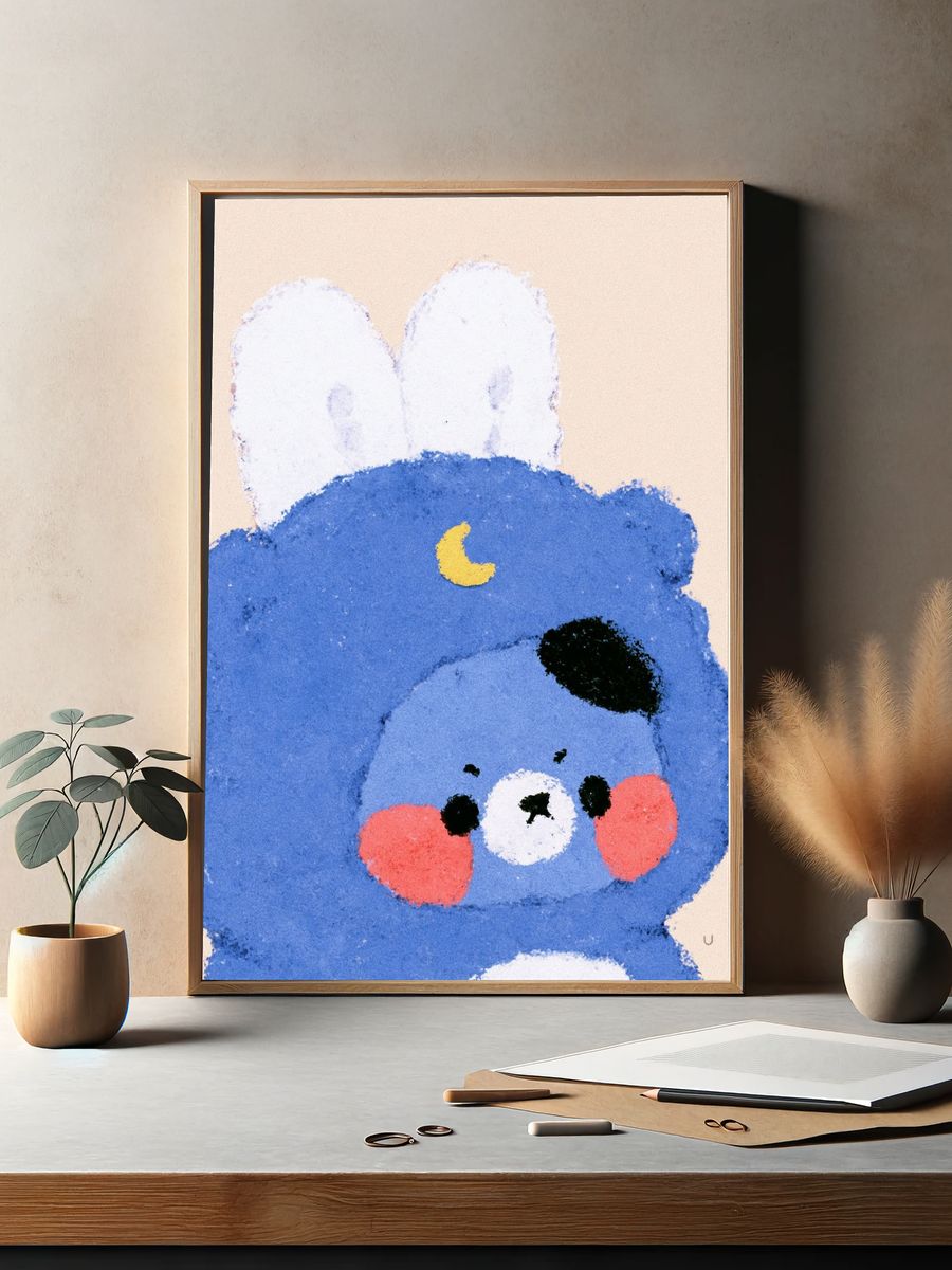 Blue Bunny Face Illustration Print. — room view 2