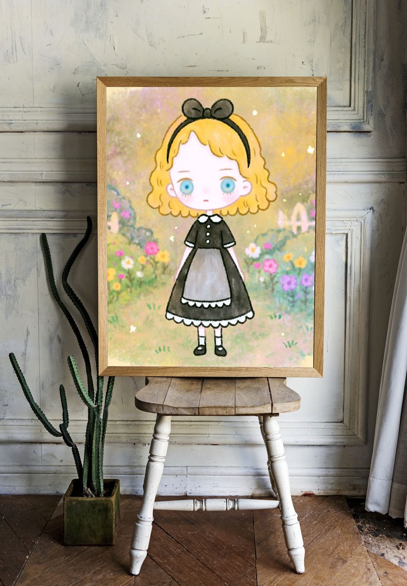 Blonde Girl in Flower Garden Illustration Poster. — room view 1