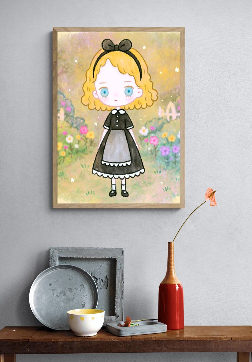 Blonde Girl in Flower Garden Illustration Poster. — room view 3