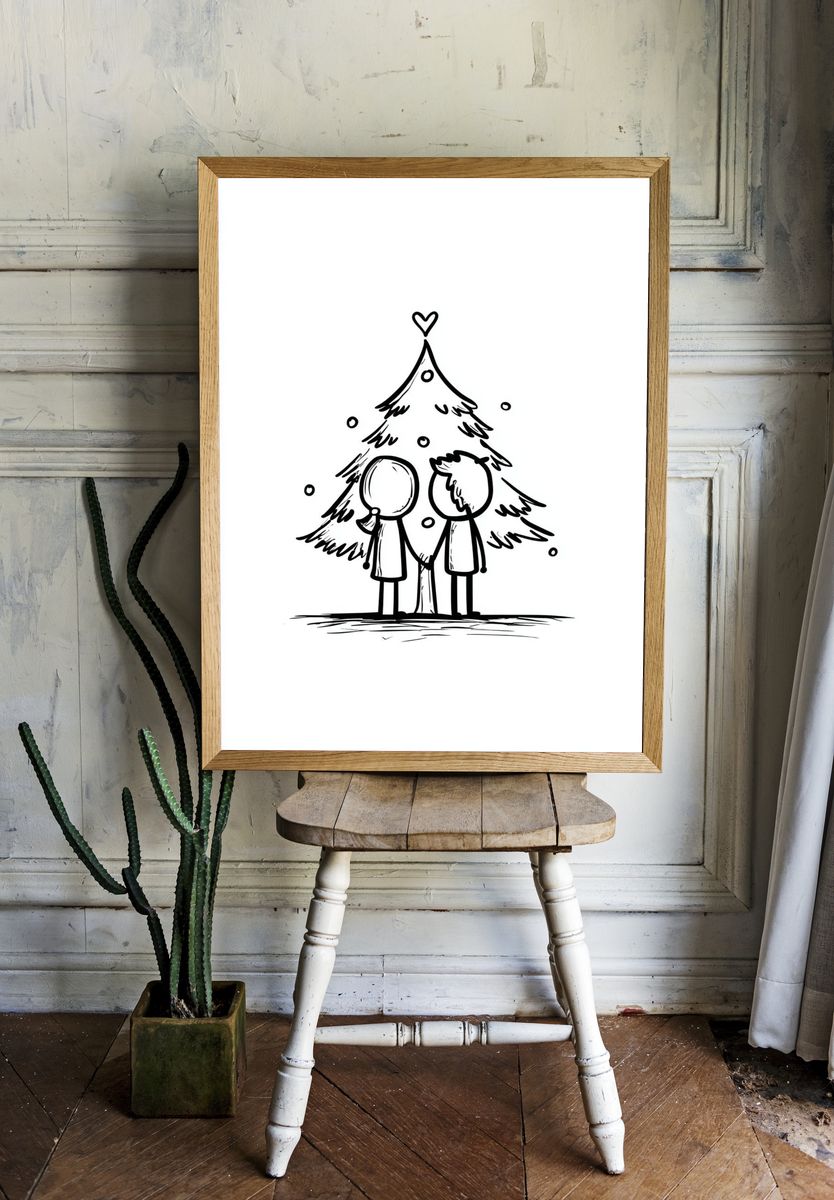 Winter Couple Tree Line-Art Poster. — room view 1