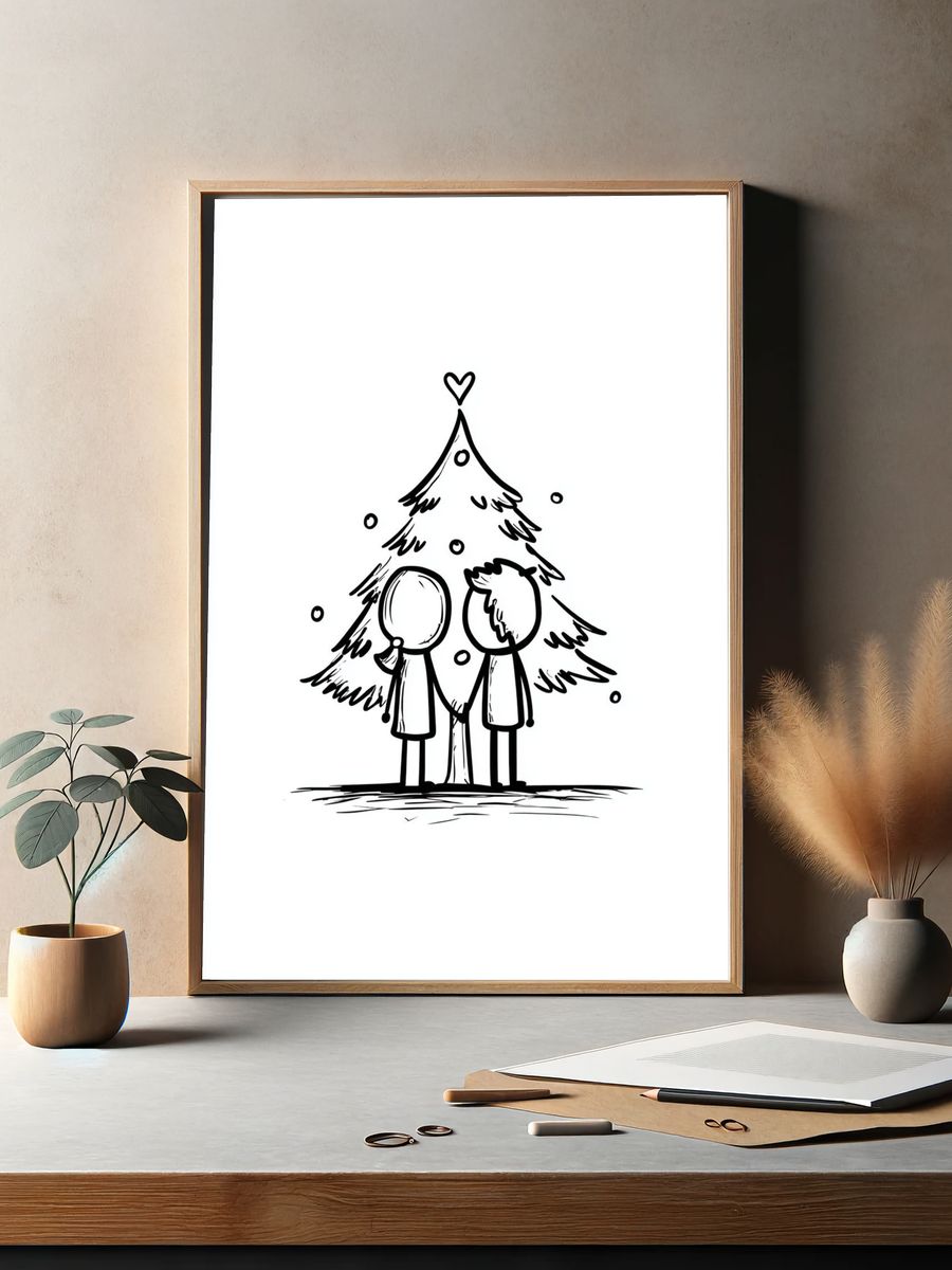 Winter Couple Tree Line-Art Poster. — room view 2