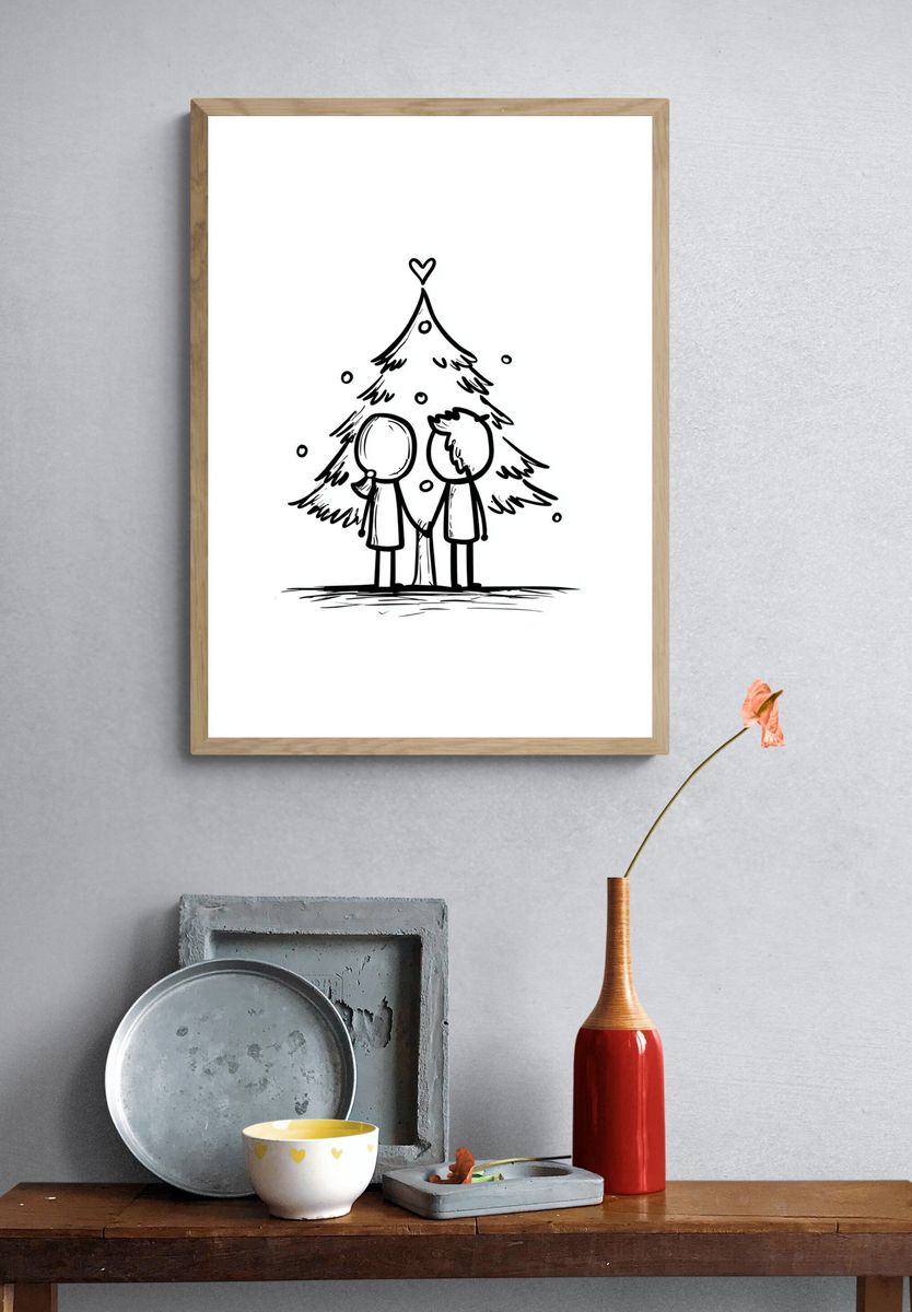 Winter Couple Tree Line-Art Poster. — room view 3