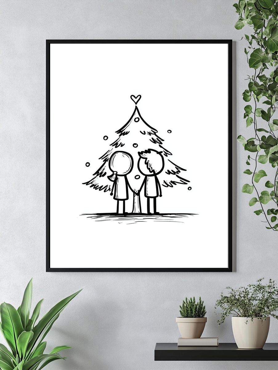 Winter Couple Tree Line-Art Poster. — room view 4