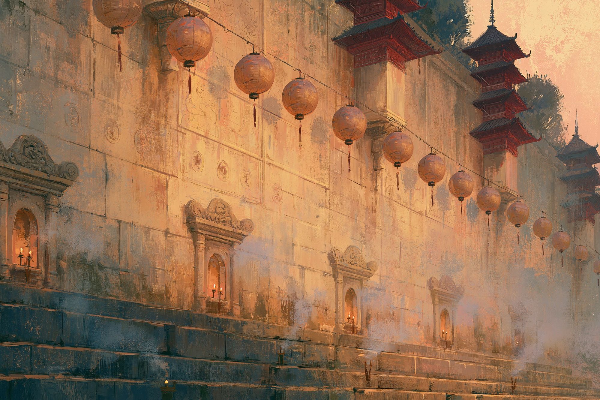 Temple Wall Lanterns Illustration Print. poster — illustration art