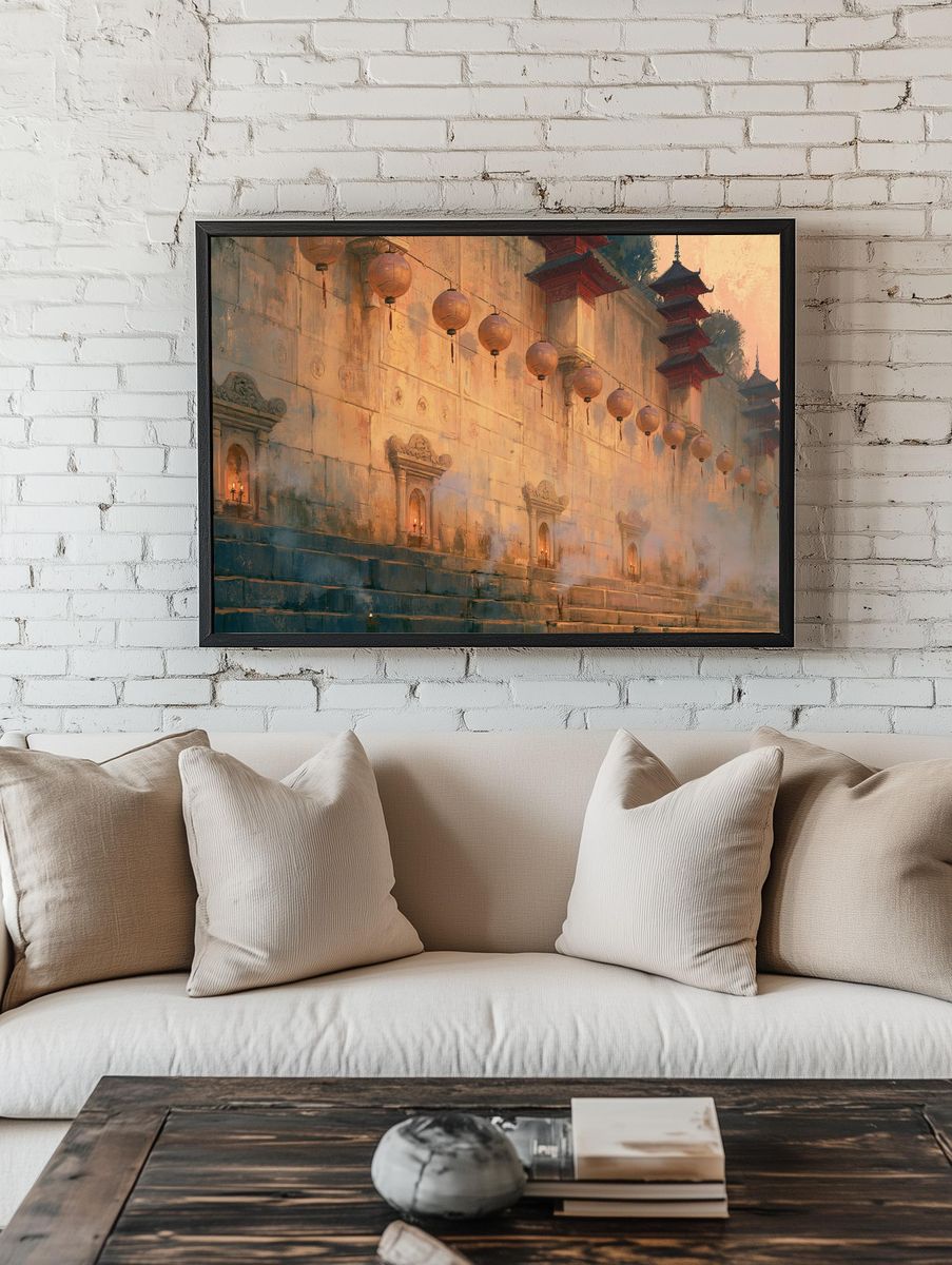 Temple Wall Lanterns Illustration Print. — room view 1
