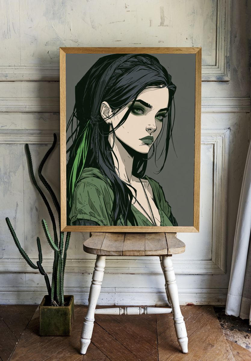 Green-Haired Woman Illustration Poster. — room view 1