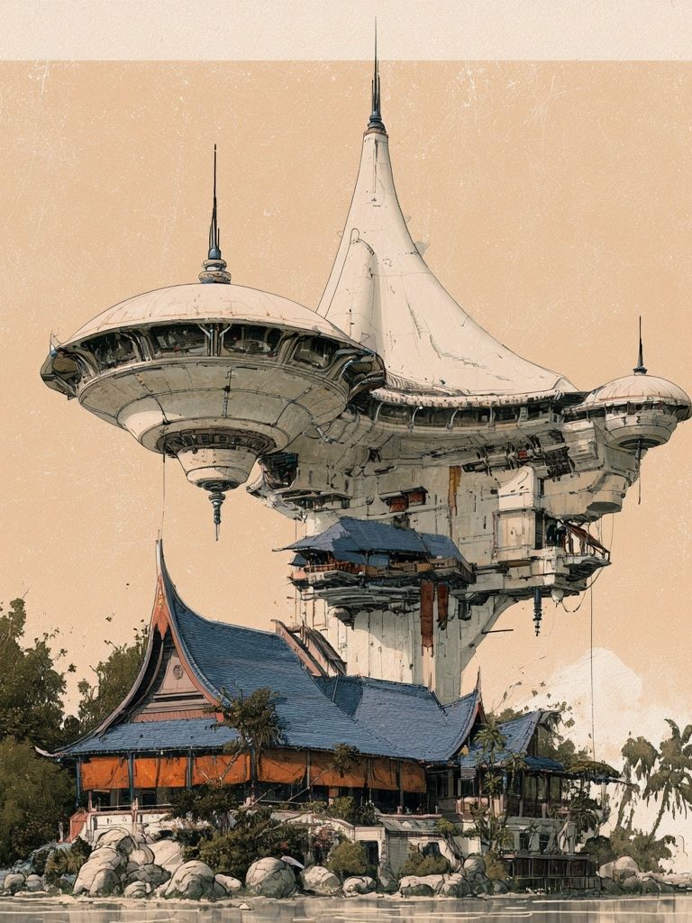 Futuristic Temple Landscape Print. poster detail