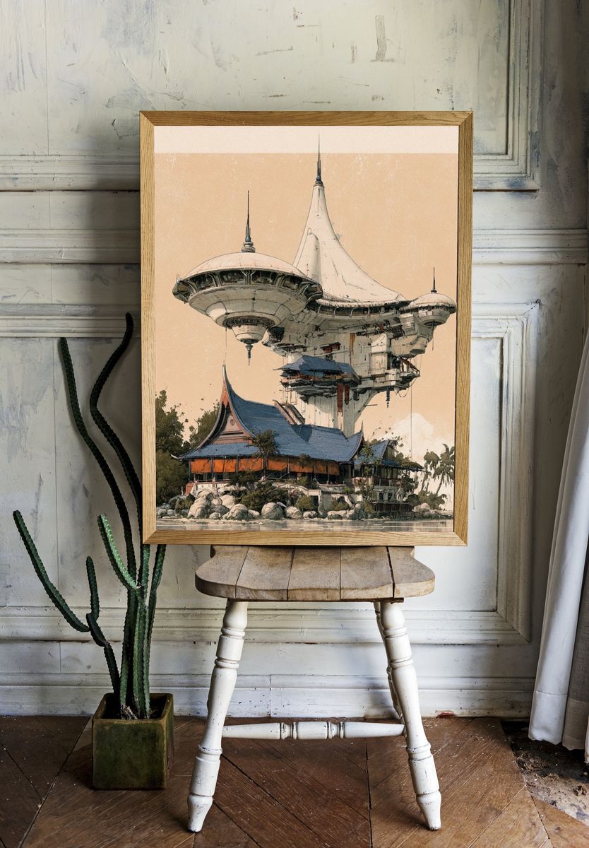 Futuristic Temple Landscape Print. — room view 1