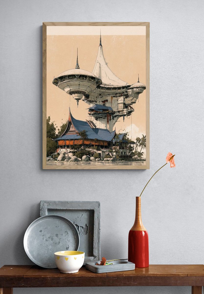 Futuristic Temple Landscape Print. — room view 3