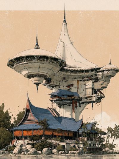 Futuristic Temple Landscape Print. poster