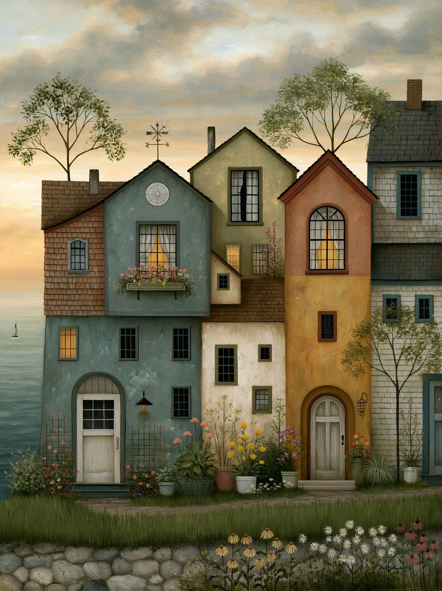 Coastal Village Houses Illustration Poster. poster — illustration art