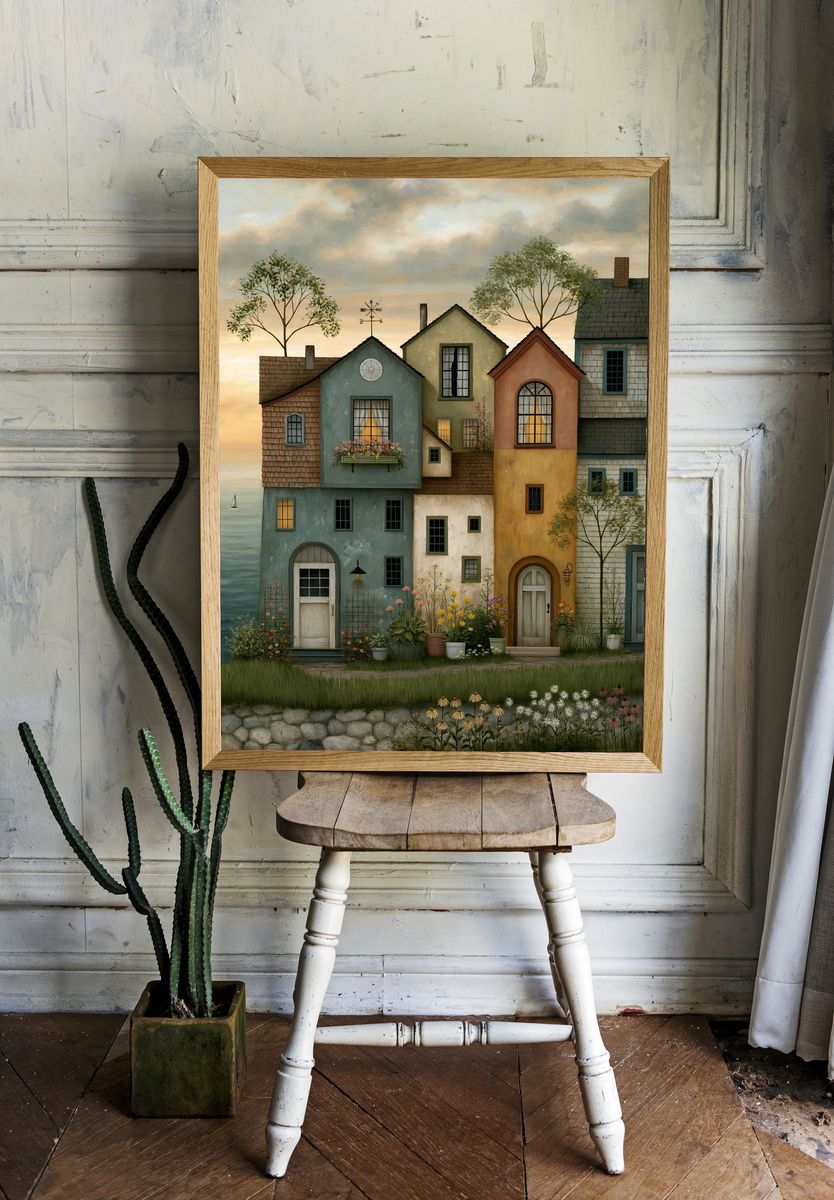 Coastal Village Houses Illustration Poster. room preview