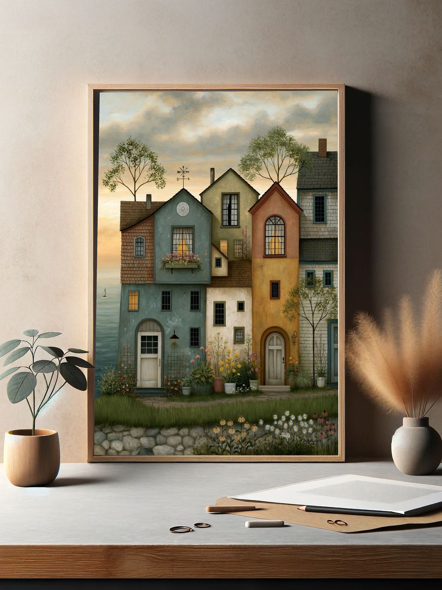 Coastal Village Houses Illustration Poster. — room view 2