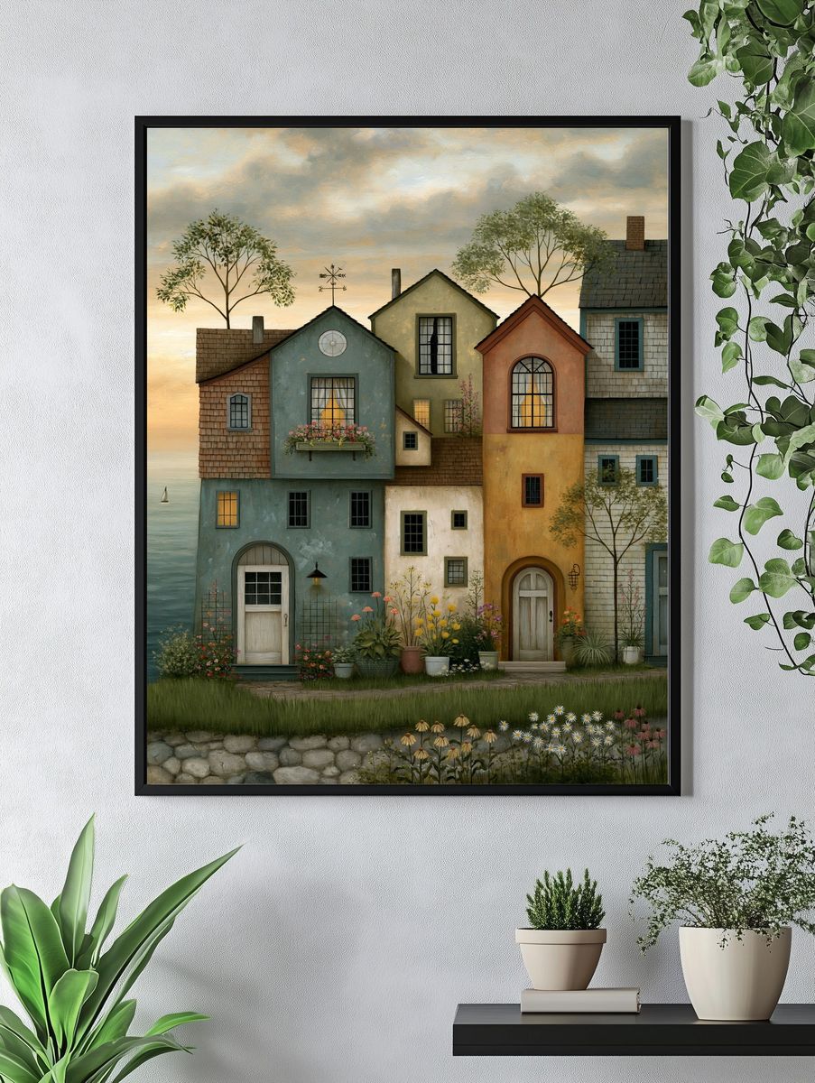 Coastal Village Houses Illustration Poster. — room view 4