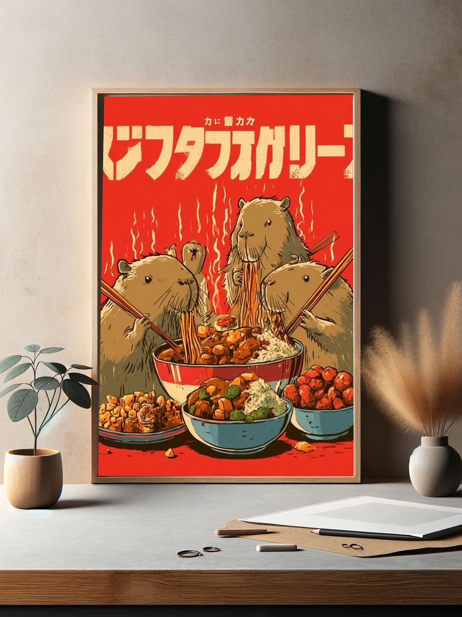 Capybara Noodle Feast Illustration Poster. — room view 2
