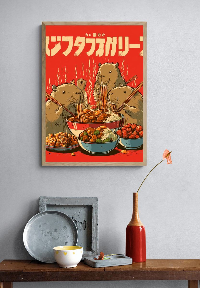 Capybara Noodle Feast Illustration Poster. — room view 3