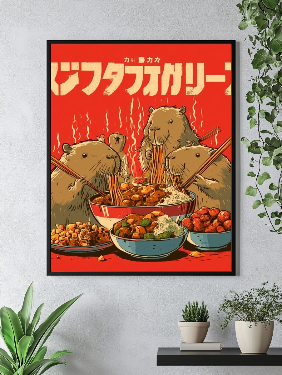 Capybara Noodle Feast Illustration Poster. — room view 4