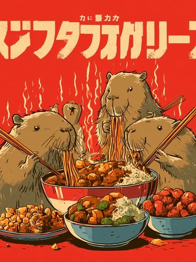 Capybara Noodle Feast Illustration Poster. poster