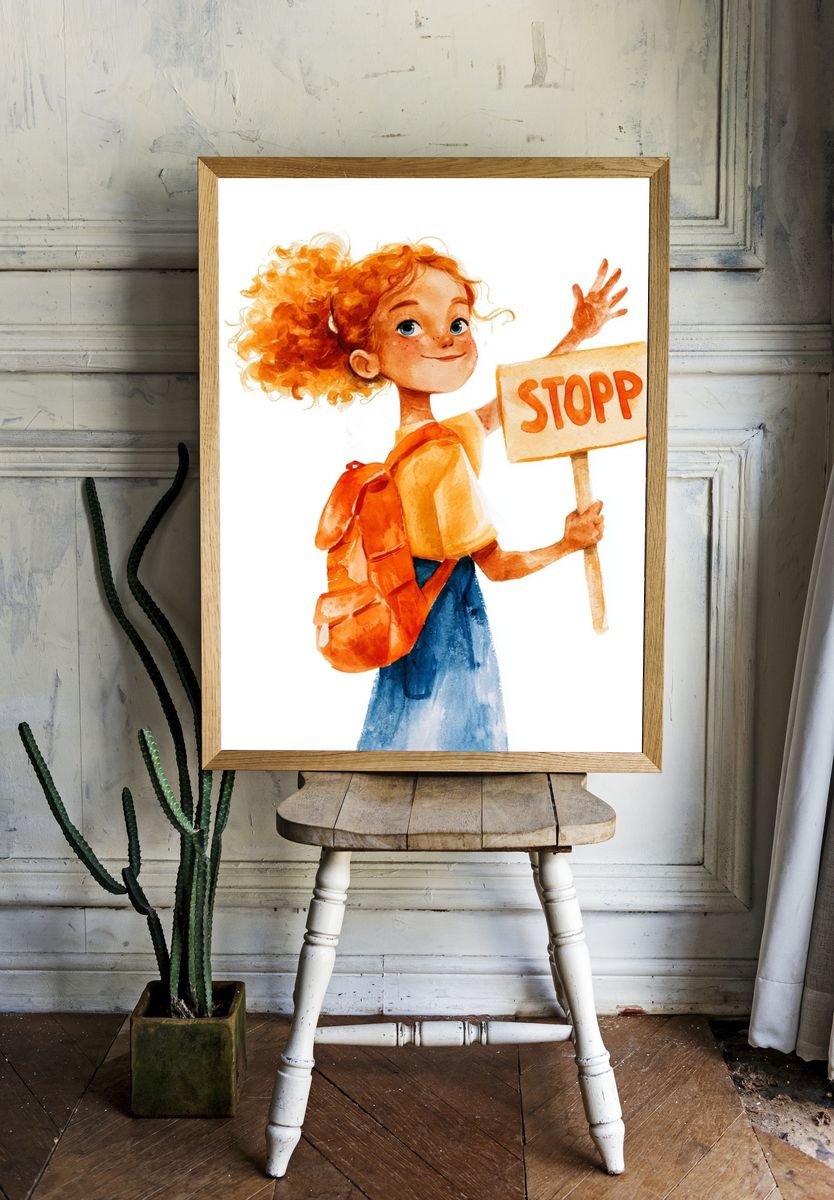 Girl with Stop Sign Watercolor Print. — room view 1