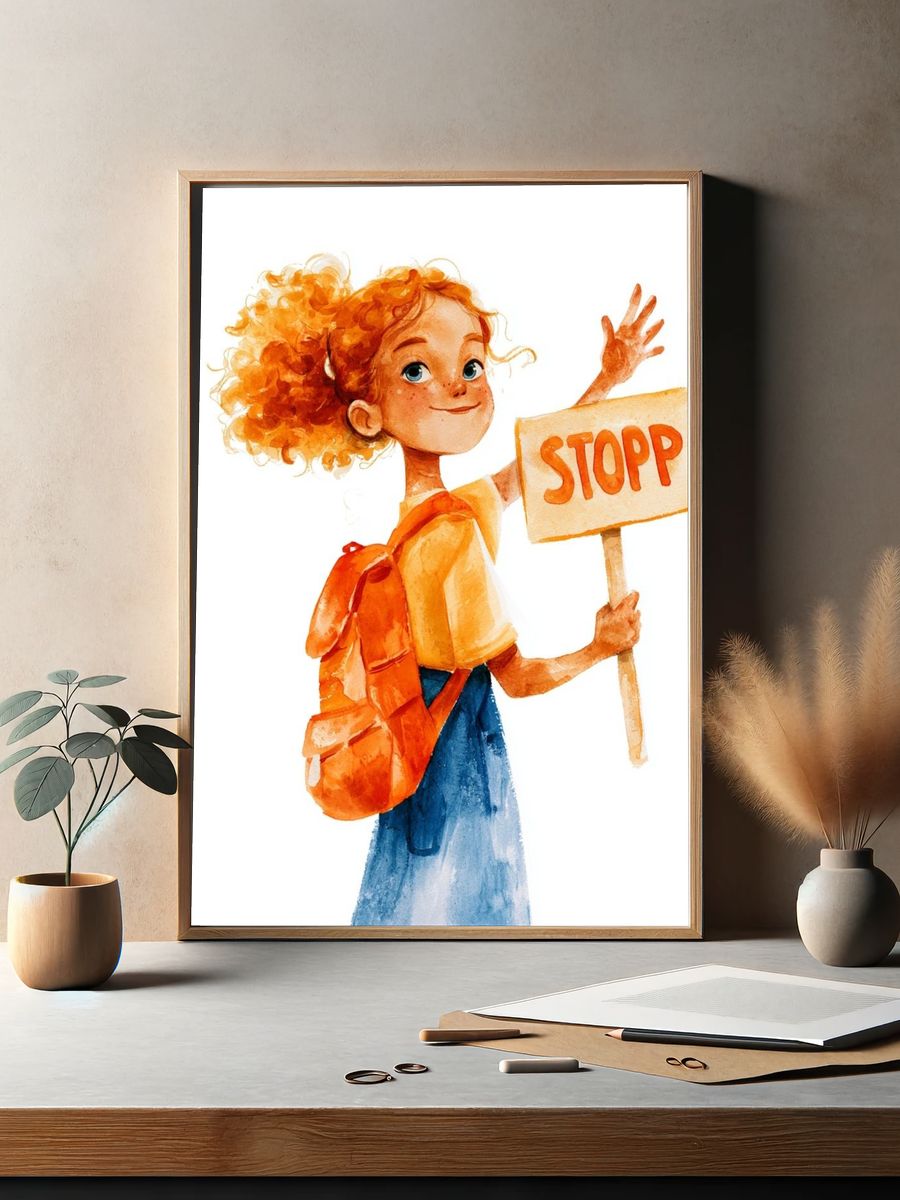 Girl with Stop Sign Watercolor Print. — room view 2