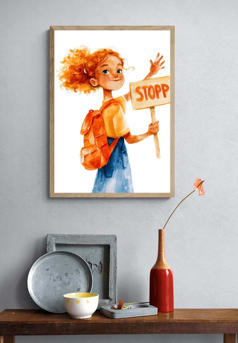 Girl with Stop Sign Watercolor Print. — room view 3