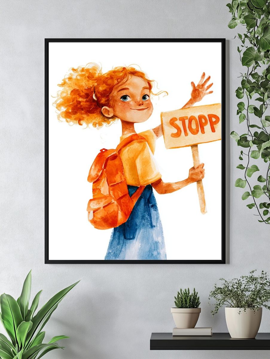Girl with Stop Sign Watercolor Print. — room view 4