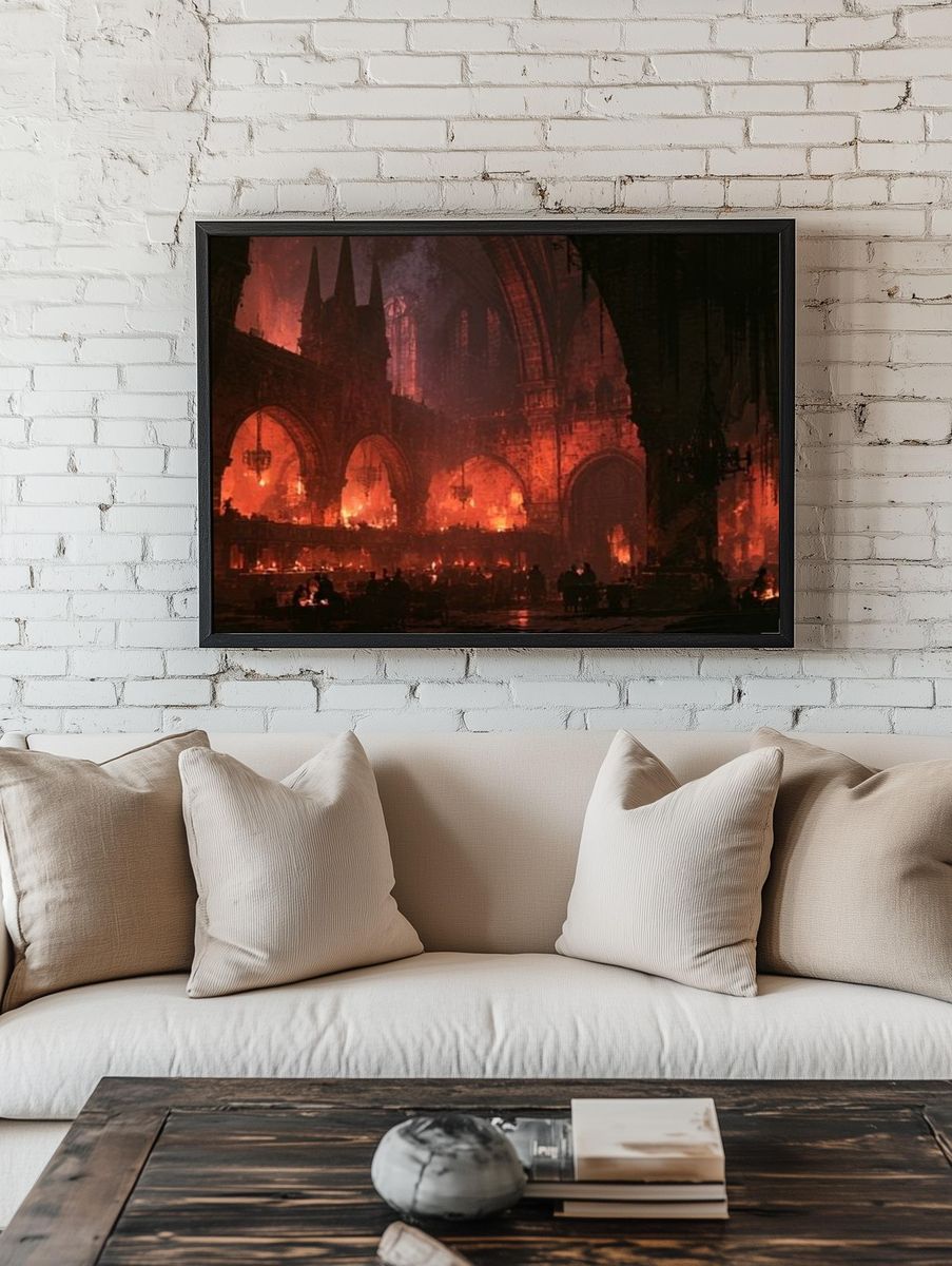 Cathedral Inferno — Fantasy Illustration Print. room preview