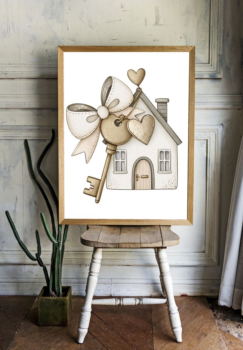 Heart Key House Illustration Print. room preview