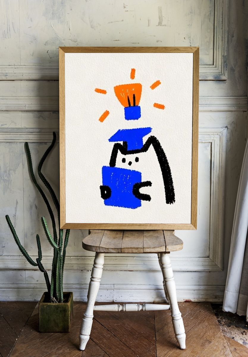 Playful Cat Lamp Illustration Poster. — room view 1