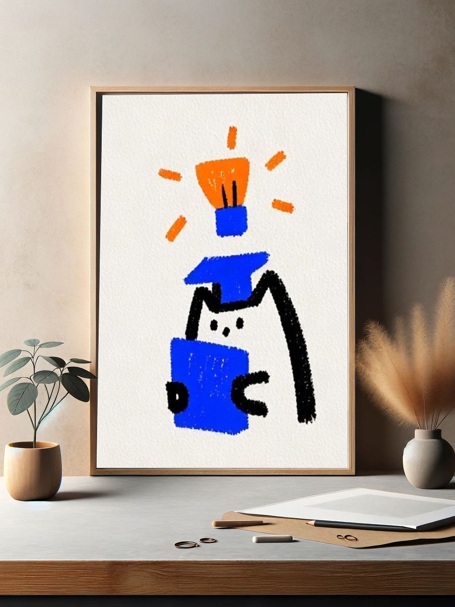 Playful Cat Lamp Illustration Poster. — room view 2