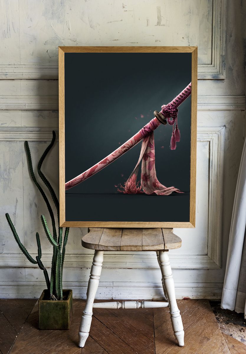 Floral Katana Illustration Print. room preview