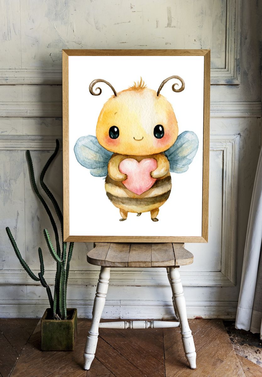 Cute Bee Watercolor Print. room preview
