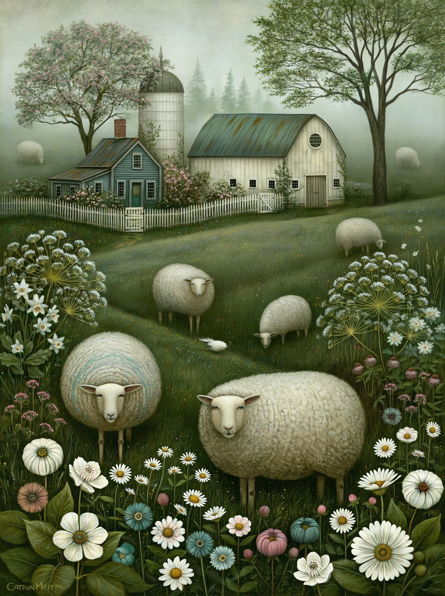 Pastoral Sheep Meadow Illustration Poster. poster — illustration art