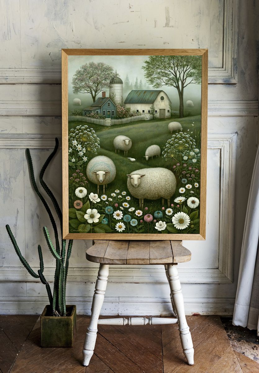 Pastoral Sheep Meadow Illustration Poster. room preview