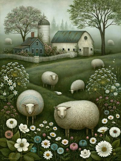 Pastoral Sheep Meadow Illustration Poster. poster