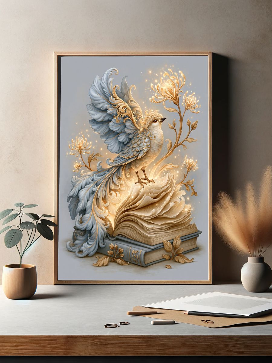 Enchanted Bird and Book Illustration Poster. — room view 2