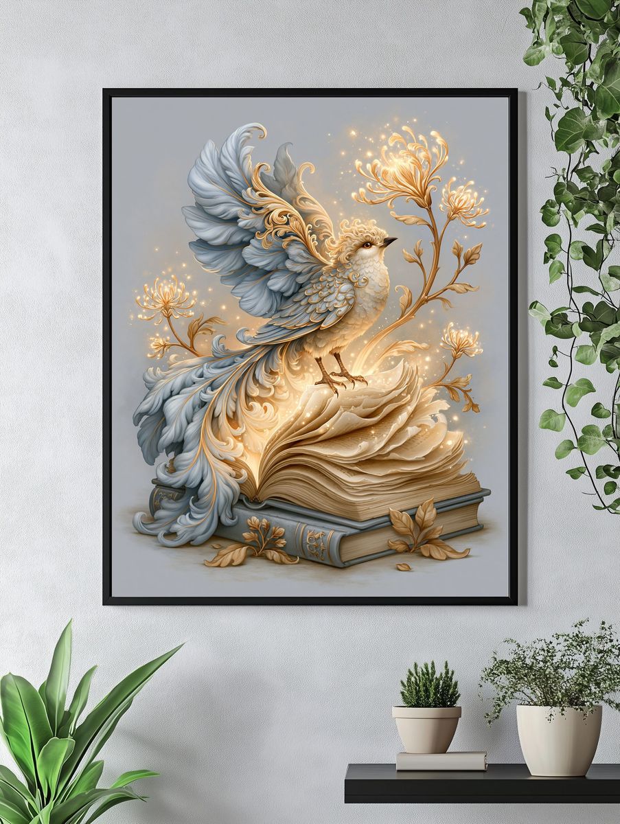 Enchanted Bird and Book Illustration Poster. — room view 4